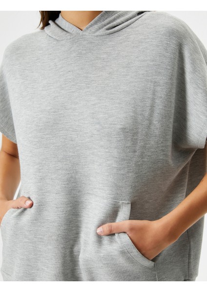 Kapşonlu Sweatshirt Kısa Kollu Kanguru Cepli Viskoz