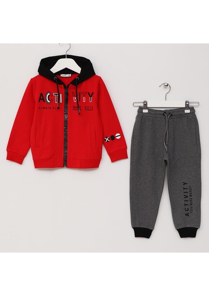 Erkek Çocuk Kapüşonlu Sweatshirt & Lastikli Eşofman Takım - 11465 - Kırmızı
