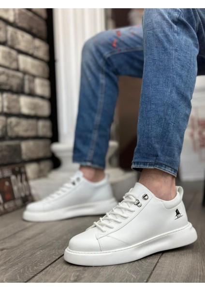 BA0331 Bağcıklı Erkek Yüksek Taban Beyaz Cilt Spor Ayakkabı