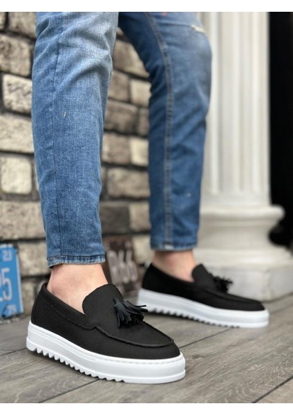 BA0154 Bağcıksız Yüksek Taban Keten Siyah Renk Püsküllü Erkek Ayakkabı