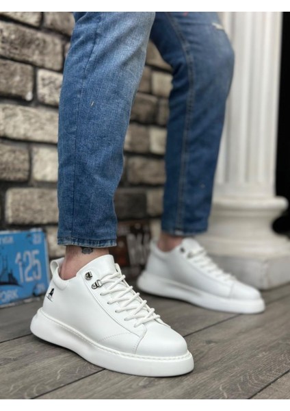 BA0331 Bağcıklı Erkek Yüksek Taban Beyaz Cilt Spor Ayakkabı