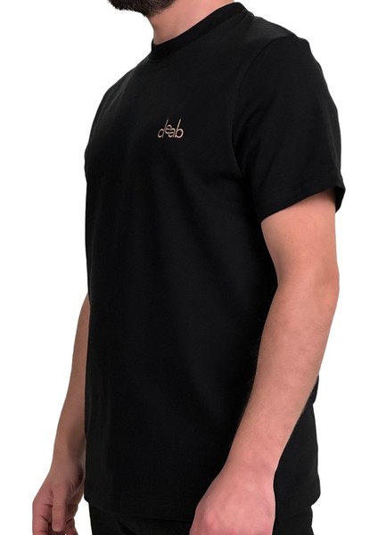 Ağır Kumaş Regular Fit Tshirt - Bej Nakışlı Basic Siyah Tişört