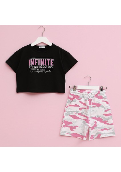 Kız Çocuk Kısa Kol & Şort Takım - 25097 - Siyah