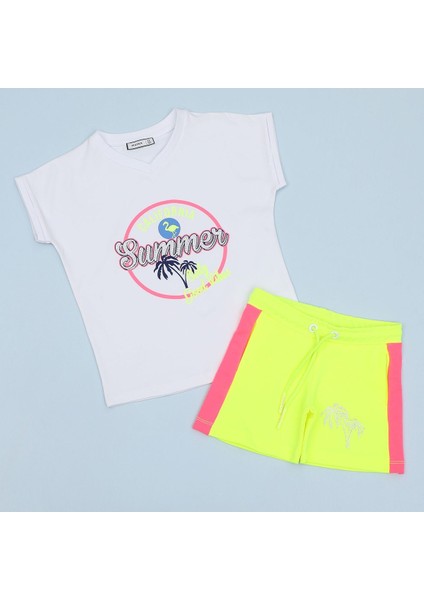 Kız Çocuk Kısa Kol Tişört & Şort Takım - 21917 - Neon Sarı