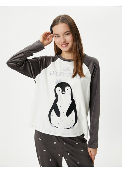Polar Pijama Üstü Penguen Nakışlı Bisiklet Yaka Reglan Kol