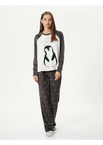 Polar Pijama Üstü Penguen Nakışlı Bisiklet Yaka Reglan Kol