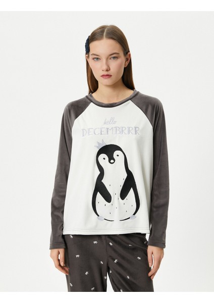 Polar Pijama Üstü Penguen Nakışlı Bisiklet Yaka Reglan Kol