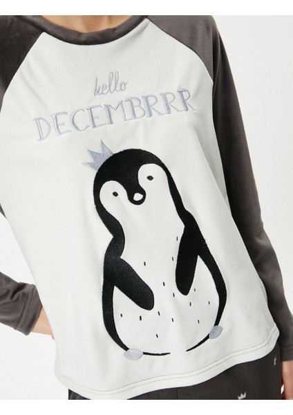 Polar Pijama Üstü Penguen Nakışlı Bisiklet Yaka Reglan Kol