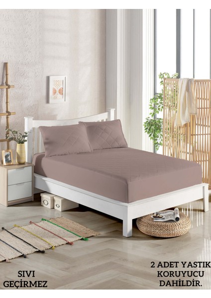 150X200 Çift Kişilik Sıvı Geçirmez Yatak Koruyucu Alez Seti %100 Pamuk Kapitoneli Fitted Bej