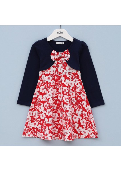 Kız Çocuk Uzun Kol Baskılı Elbise - 42037 - Kırmızı - Lacivert