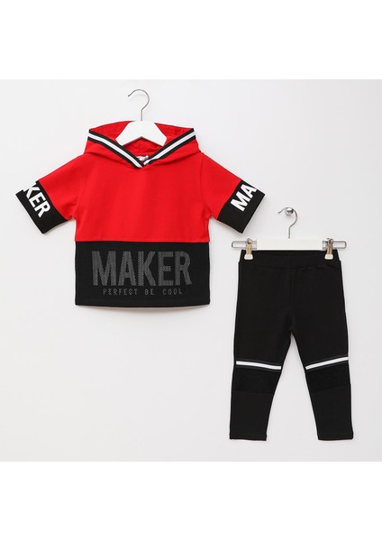 Kız Çocuk Kapüşonlu Sweatshirt & Tayt Takım - 21897 - Kırmızı - Siyah