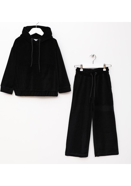Kız Çocuk Uzun Kol Kadife Takım - 25126 - Siyah