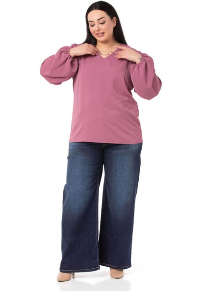 Büyük Beden Yakası Zincir Detaylı Kol Ağzı Lastikli Gül Kurusu Bluz fiyatları