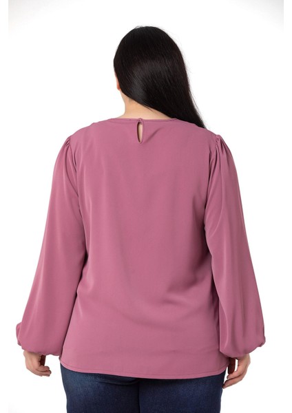 Büyük Beden Yakası Zincir Detaylı Kol Ağzı Lastikli Gül Kurusu Bluz modelleri