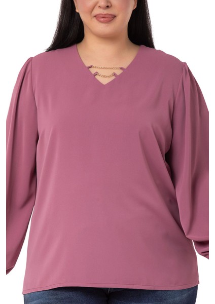 Büyük Beden Yakası Zincir Detaylı Kol Ağzı Lastikli Gül Kurusu Bluz fırsatları