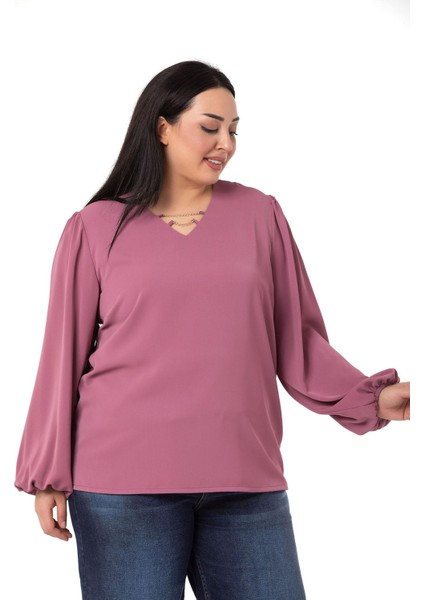 Büyük Beden Yakası Zincir Detaylı Kol Ağzı Lastikli Gül Kurusu Bluz indirimleri