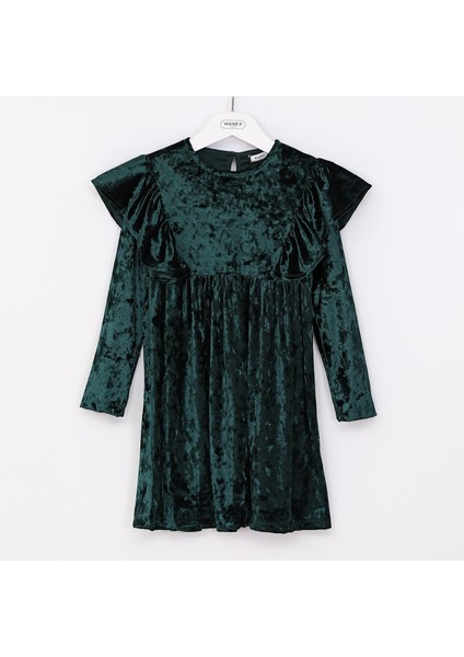 Kız Çocuk Uzun Kol Premium Kadife Elbise - 026 - Petrol