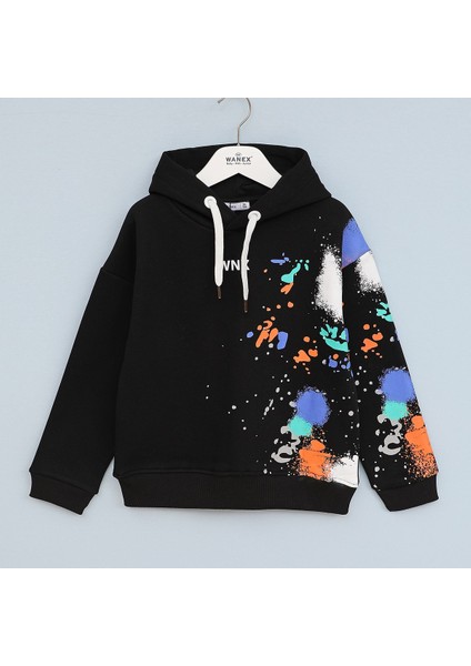 Erkek Çocuk Uzun Kol Şardonlu Kapüşonlu Renkli Baskılı Sweatshirt - 16735 - Siyah