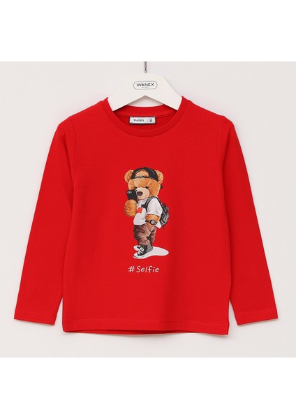 Erkek Çocuk Teddy Bear Baskılı Uzun Kol Sweat - 16622 - Kırmızı
