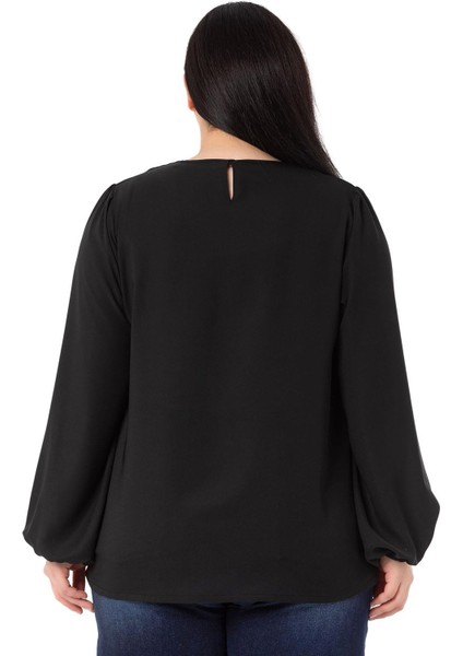 Büyük Beden Yakası Zincir Detaylı Kol Ağzı Lastikli Siyah Bluz modelleri