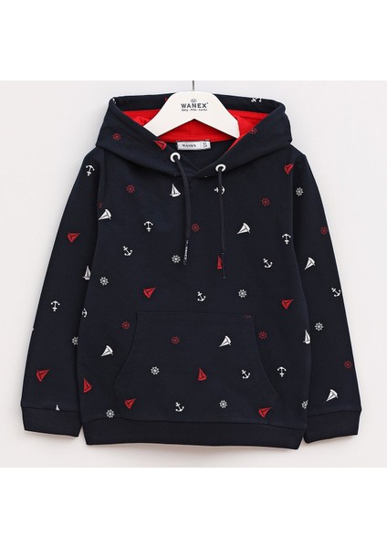 Erkek Çocuk Desenli Kapüşonlu Lacivert Sweatshirt - 15563 - Lacivert