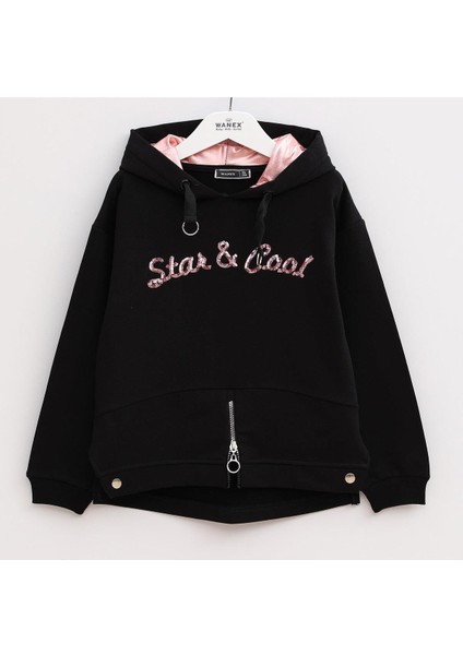 Kız Çocuk Uzun Kol Kapüşonlu Sweatshirt - 31578 - Siyah