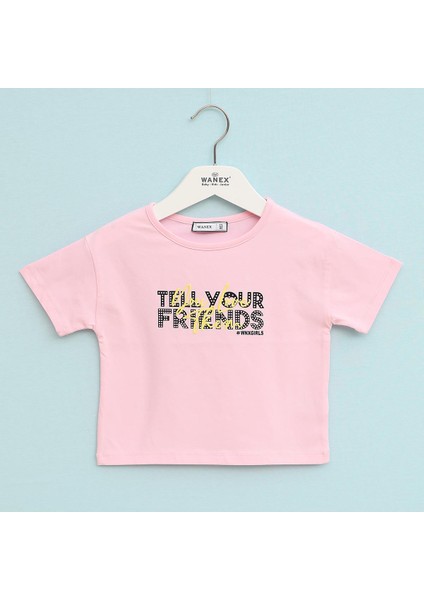 Kız Çocuk Kısa Kol Baskılı Tişört - 32421 - Pudra