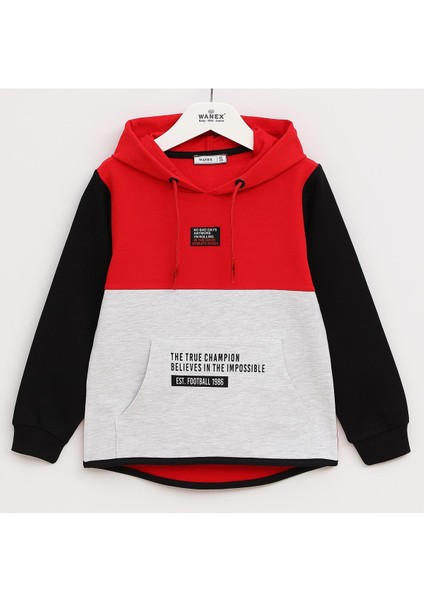 Erkek Çocuk Uzun Kol Kapüşonlu Sweat - 15952 - Kırmızı - Siyah