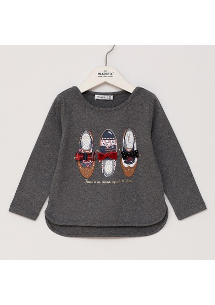 Kız Çocuk Ayakkabı Nakışlı Mevsimlik Uzun Kol Sweat - 1022 - Antrasit