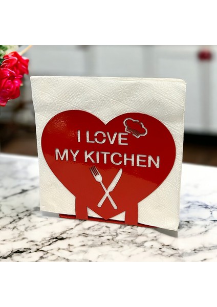 "I LOVE MY KITCHEN" Temalı Metal Peçetelik Kırmızı Kalp Şeklinde
