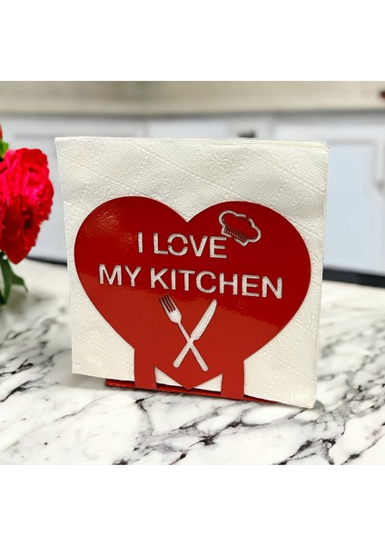 "I LOVE MY KITCHEN" Temalı Metal Peçetelik Kırmızı Kalp Şeklinde fiyatları