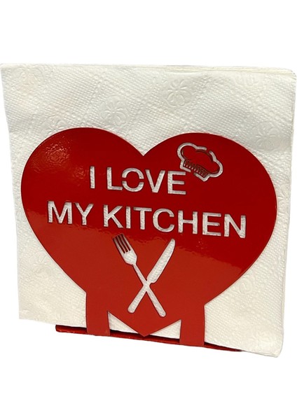 "I LOVE MY KITCHEN" Temalı Metal Peçetelik Kırmızı Kalp Şeklinde modelleri