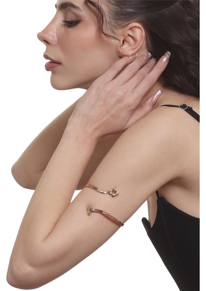 Kadın Dolama Model Burgulu Çiçek Figürlü Ayarlanabilir Açık Band El Yapımı Bakır Üst Kol Aksesuarı