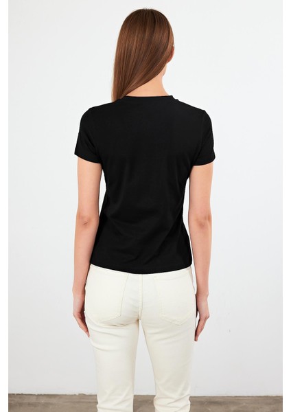 Kadın Rachel Siyah Bisiklet Yaka Slim Fit Basic Tişört fırsatları