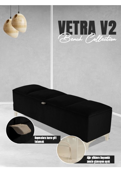 Vetra V2 Sandıklı Puf Siyah Dilimli Model Sandıklı Bench Sandıklı Yatak Ucu Bankı