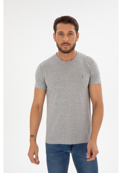 Erkek Gri Bisiklet Yaka Pamuklu Relaxed Fit T-Shirt