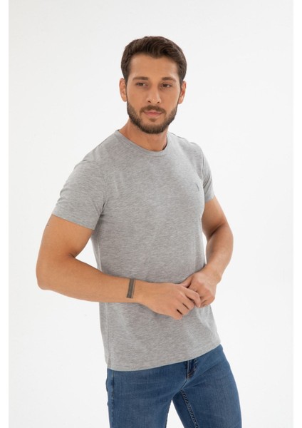 Erkek Gri Bisiklet Yaka Pamuklu Relaxed Fit T-Shirt