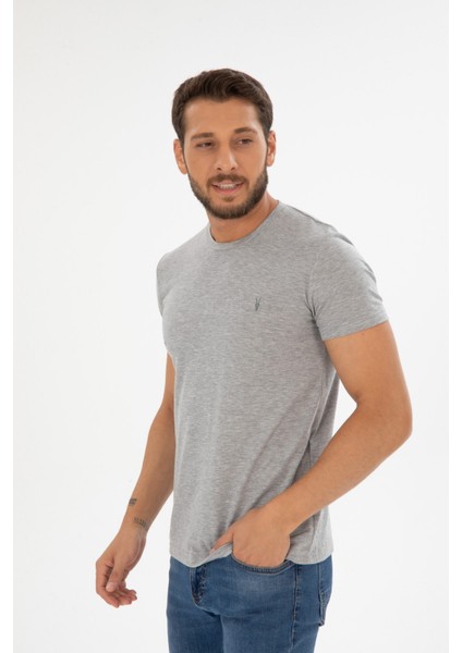 Erkek Gri Bisiklet Yaka Pamuklu Relaxed Fit T-Shirt