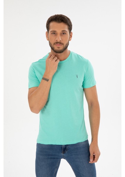 Erkek Su Yeşili Bisiklet Yaka Pamuklu Relaxed Fit T-Shirt