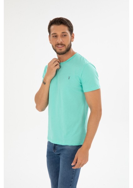 Erkek Su Yeşili Bisiklet Yaka Pamuklu Relaxed Fit T-Shirt