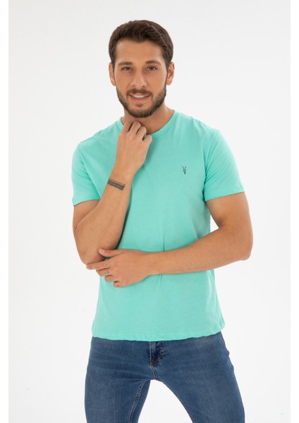 Erkek Su Yeşili Bisiklet Yaka Pamuklu Relaxed Fit T-Shirt