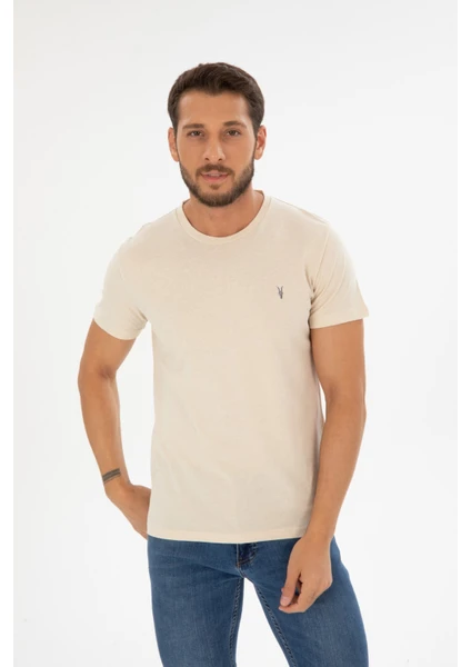 Four Man Erkek Krem Bisiklet Yaka Pamuklu Relaxed Fit T-Shirt