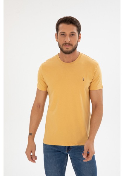 Erkek Sarı Bisiklet Yaka Pamuklu Relaxed Fit T-Shirt