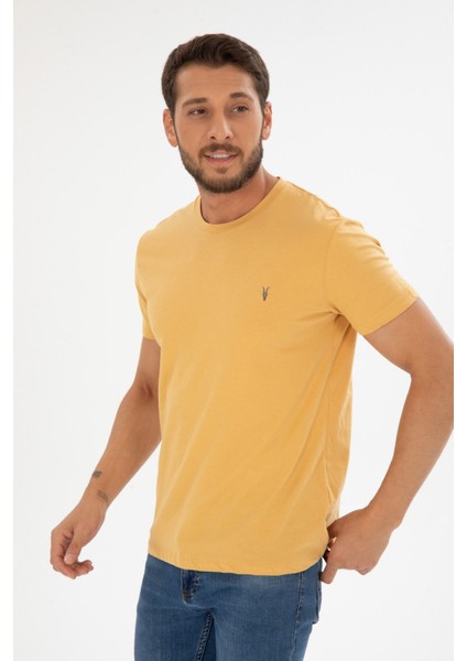 Erkek Sarı Bisiklet Yaka Pamuklu Relaxed Fit T-Shirt