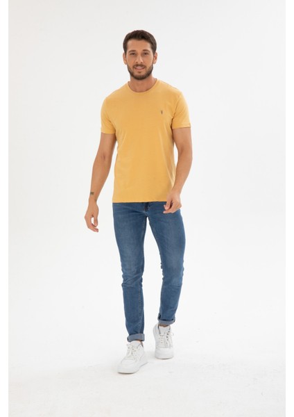 Erkek Sarı Bisiklet Yaka Pamuklu Relaxed Fit T-Shirt