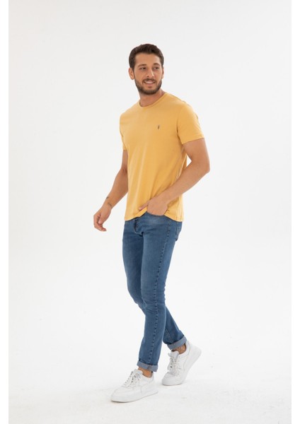 Erkek Sarı Bisiklet Yaka Pamuklu Relaxed Fit T-Shirt