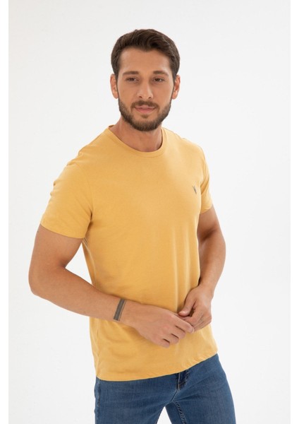 Erkek Sarı Bisiklet Yaka Pamuklu Relaxed Fit T-Shirt