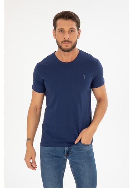 Erkek Lacivert Bisiklet Yaka Pamuklu Relaxed Fit T-Shirt