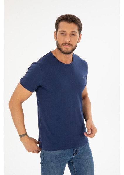 Erkek Lacivert Bisiklet Yaka Pamuklu Relaxed Fit T-Shirt