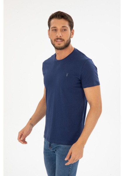 Erkek Lacivert Bisiklet Yaka Pamuklu Relaxed Fit T-Shirt